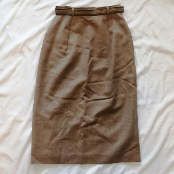 Vintage Newport Pure Virgin Wool Camel Tan Midi Skirt with Belt and Pockets XS - Picture 8 of 14